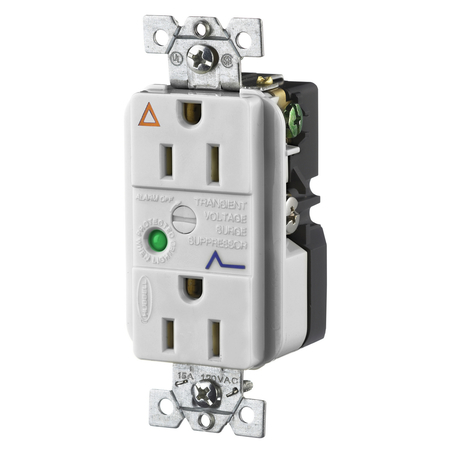 HUBBELL WIRING DEVICE-KELLEMS IG TVSS Duplex Receptacle with Light and Alarm, 15A 125V, 5-15R, Office White IG5262OWSA